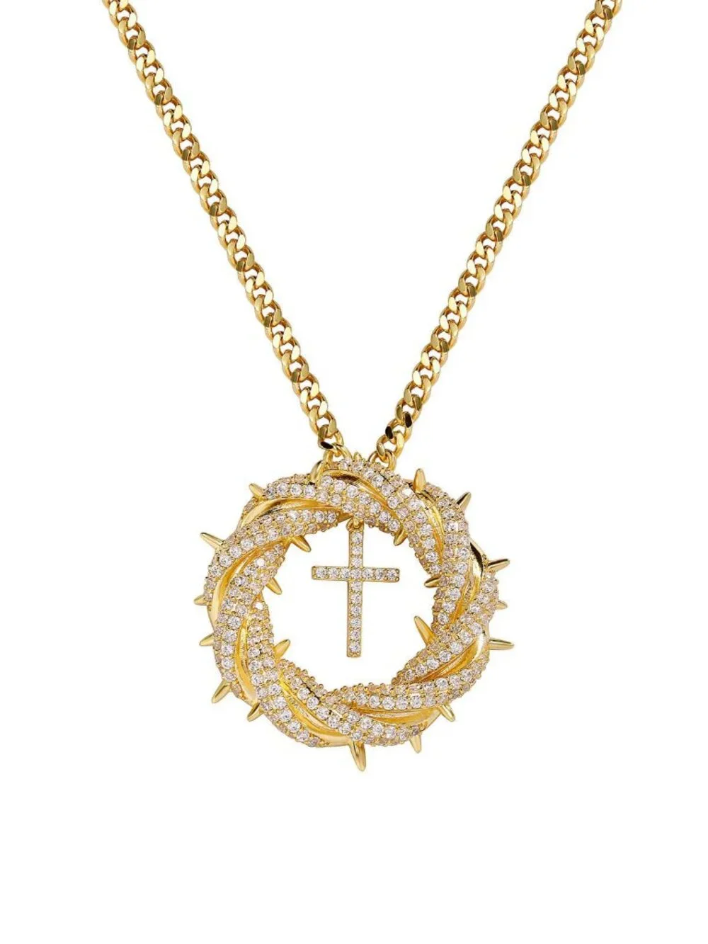 Gold Christian Cross Crown of Thorns Pendant Necklace Faith Statement Jewelry